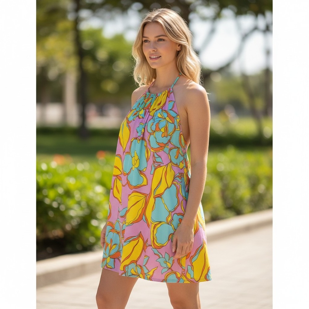 Trina Turk Floral Halter‎ Mini Dress Pink Yellow Blue Retro Print NWT Small